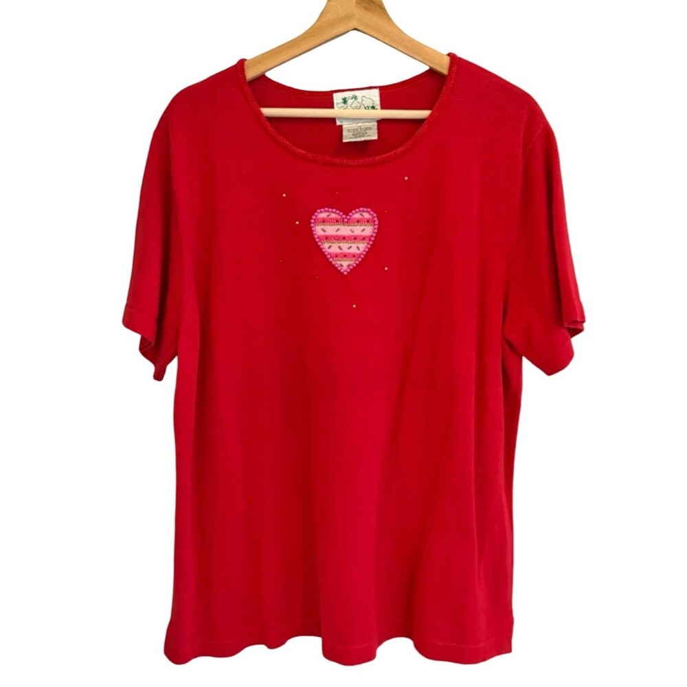 The Quacker Factory Womens Heart Knit Sweater Top Size 1X Beaded Valentines Red